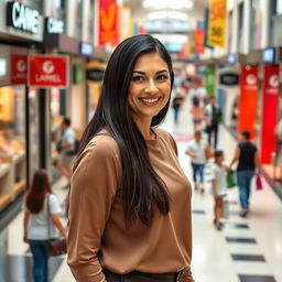 A beautiful Colombian woman aged between 35 and 40, with long dark hair, standing full-length
