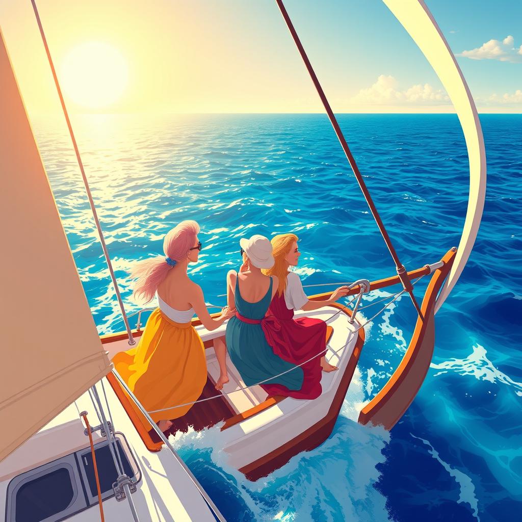 A colorful and expansive illustration capturing three women of different ages on a grand sailboat, representing three generations