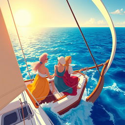 A colorful and expansive illustration capturing three women of different ages on a grand sailboat, representing three generations