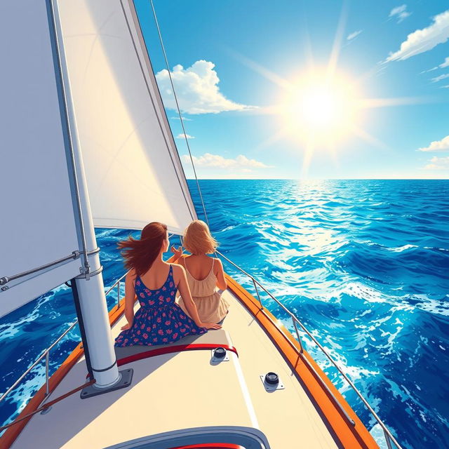 A colorful and expansive illustration capturing three women of different ages on a grand sailboat, representing three generations