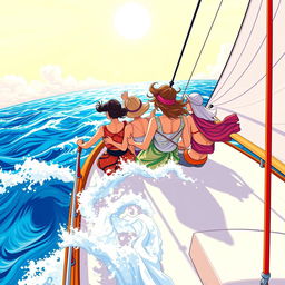 A colorful and expansive illustration capturing three women of different ages on a grand sailboat, representing three generations