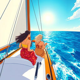 A colorful and expansive illustration capturing three women of different ages on a grand sailboat, representing three generations