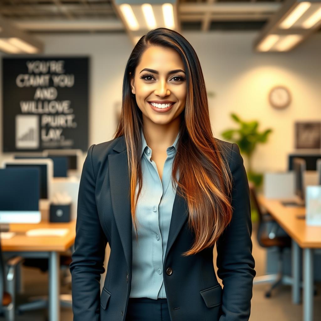 A beautiful Colombian woman aged between 35 and 40, with long hair, standing full-length