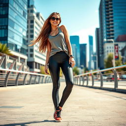 A stylish woman wearing fashionable leggings, posing confidently in an urban environment with a modern cityscape in the background