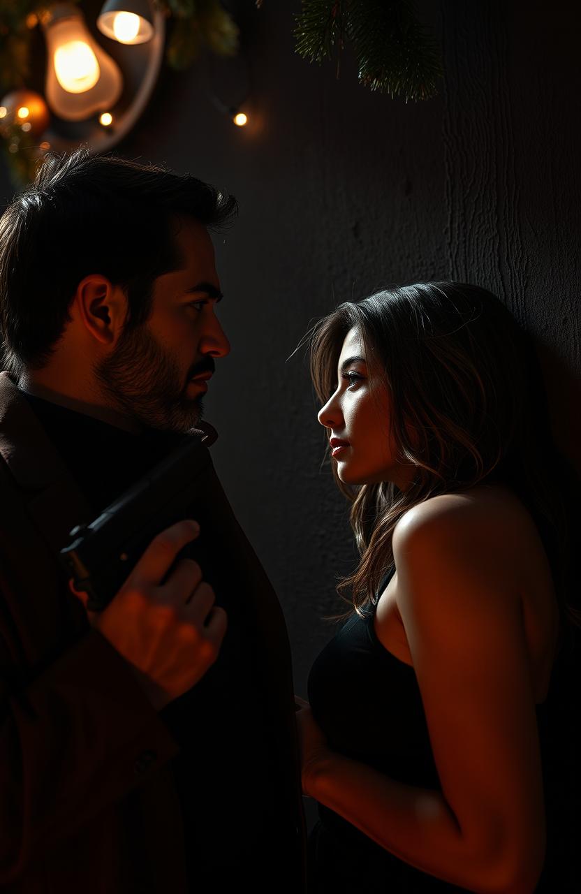 A captivating dark romance scene set against a dark themed Christmas background, featuring a cold and sexy mafia man with a rugged appearance and a gun in hand