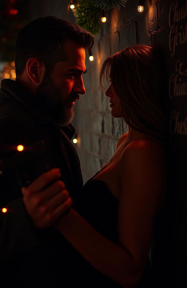 A captivating dark romance scene set against a dark themed Christmas background, featuring a cold and sexy mafia man with a rugged appearance and a gun in hand