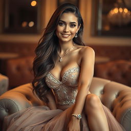 The most beautiful woman in the world sitting elegantly with confidence, featuring long flowing hair, captivating eyes, and a mesmerizing smile