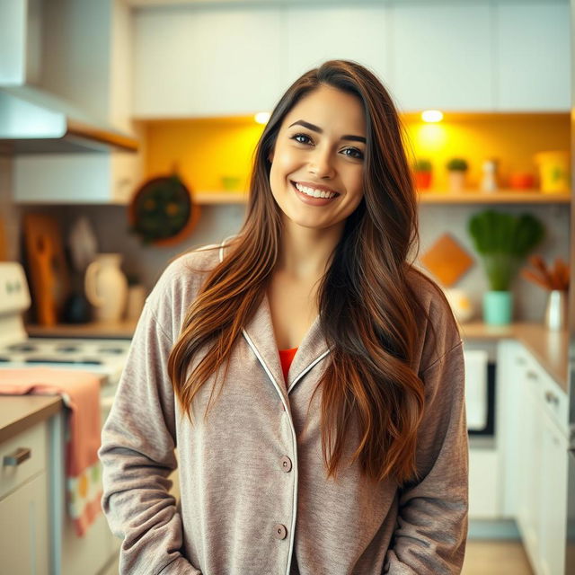 A beautiful Colombian woman aged between 35 and 40, with long hair, standing full-length