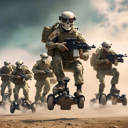 in the sky are 10 combatants in military camouflage  armed with assault rifles and clad in skeleton face mask and normal bullet proof vests on hover-boards