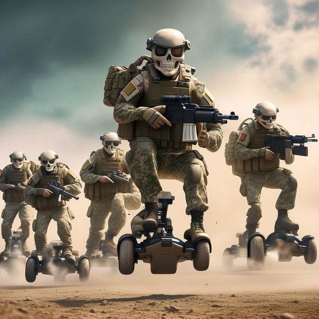 in the sky are 10 combatants in military camouflage  armed with assault rifles and clad in skeleton face mask and normal bullet proof vests on hover-boards