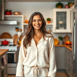A beautiful Colombian woman aged between 35 and 40, with long hair, standing full-length