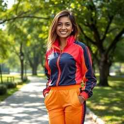 A beautiful Colombian woman aged between 35 and 40, with long hair styled in a short look, standing full-length