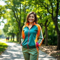 A beautiful Colombian woman aged between 35 and 40, with long hair styled in a short look, standing full-length