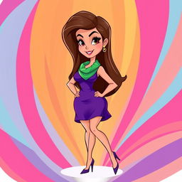 A stylish cartoon character resembling a brunette woman with long, flowing hair, striking features, voluptuous curves with big hips and a full chest