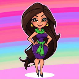 A stylish cartoon character resembling a brunette woman with long, flowing hair, striking features, voluptuous curves with big hips and a full chest