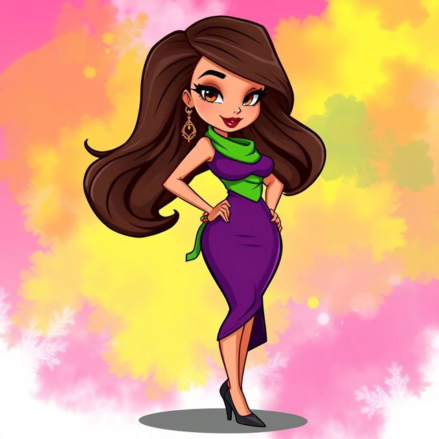 A stylish cartoon character resembling a brunette woman with long, flowing hair, striking features, voluptuous curves with big hips and a full chest