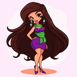 A stylish cartoon character resembling a brunette woman with long, flowing hair, striking features, voluptuous curves with big hips and a full chest