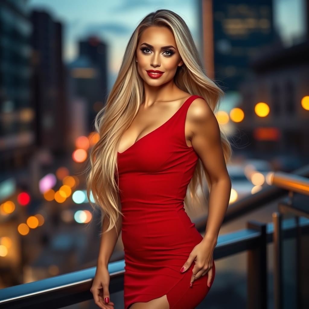 A strikingly attractive woman with long flowing blonde hair, wearing a fitted red dress that accentuates her curves