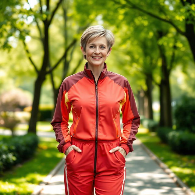 A beautiful Russian woman aged between 35 and 40, with short hair, standing full-length