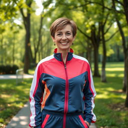 A beautiful Russian woman aged between 35 and 40, with short hair, standing full-length