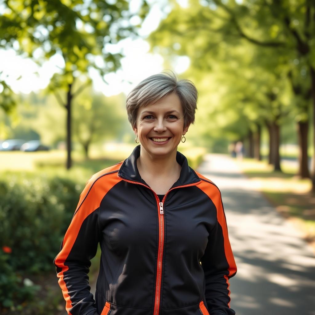 A beautiful Russian woman aged between 35 and 40, with short hair, standing full-length