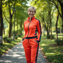 A beautiful Russian woman aged between 35 and 40, with short hair, standing full-length