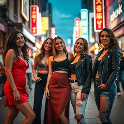 A captivating scene featuring a group of attractive young women, showcasing diverse styles and alluring outfits