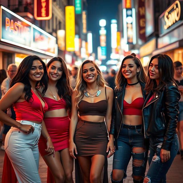 A captivating scene featuring a group of attractive young women, showcasing diverse styles and alluring outfits