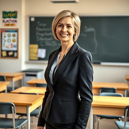 A beautiful Russian woman aged between 35 and 40, with short hair, standing full-length