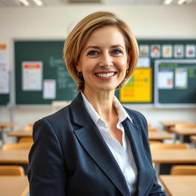 A beautiful Russian woman aged between 35 and 40, with short hair, standing full-length