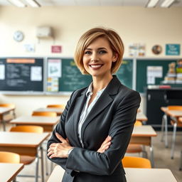 A beautiful Russian woman aged between 35 and 40, with short hair, standing full-length