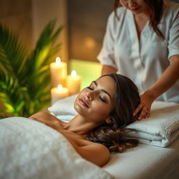 A sensual and inviting scene of a luxurious spa treatment, showcasing a beautiful, elegant woman receiving a full-body massage