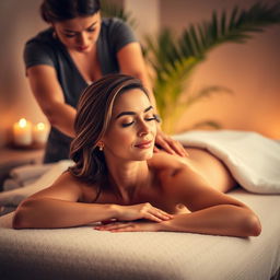 A sensual and inviting scene of a luxurious spa treatment, showcasing a beautiful, elegant woman receiving a full-body massage