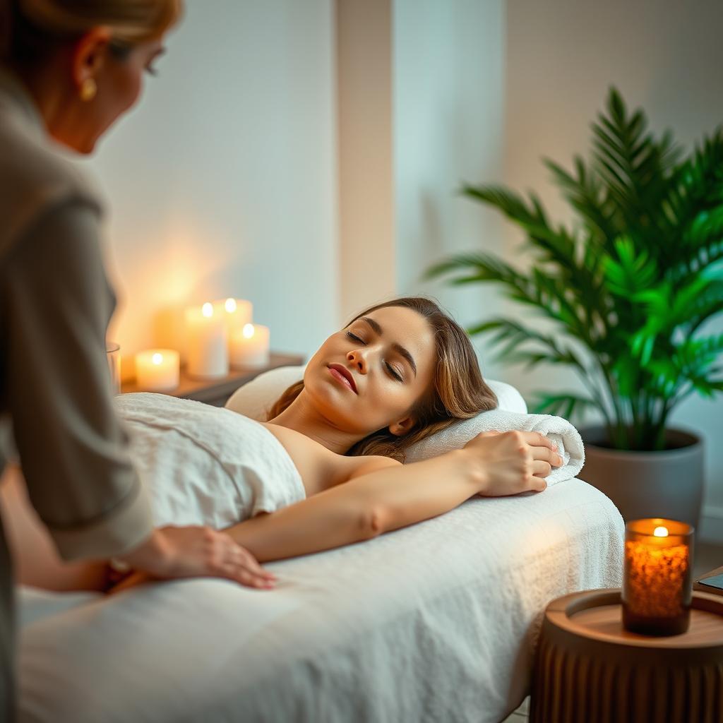 A sensual and inviting scene of a luxurious spa treatment, showcasing a beautiful, elegant woman receiving a full-body massage