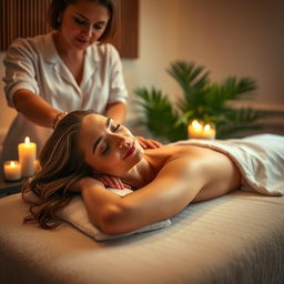 A sensual and inviting scene of a luxurious spa treatment, showcasing a beautiful, elegant woman receiving a full-body massage
