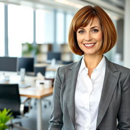 A beautiful Russian woman aged between 40 and 45, with a classy bob haircut (карэ), standing full-length