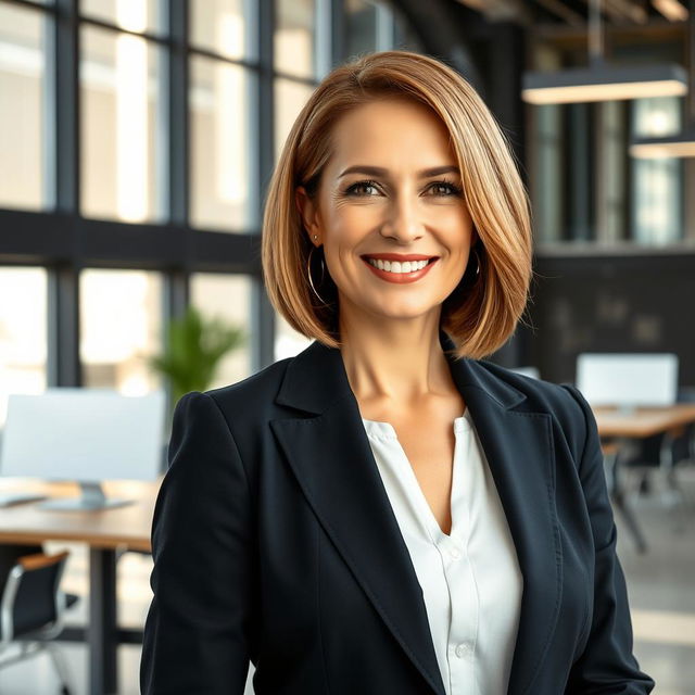 A beautiful Russian woman aged between 40 and 45, with a classy bob haircut (карэ), standing full-length