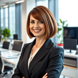 A beautiful Russian woman aged between 40 and 45, with a classy bob haircut (карэ), standing full-length