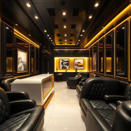 A luxurious car dealer's client saloon interior, designed with an elegant color palette of black, gold, and white