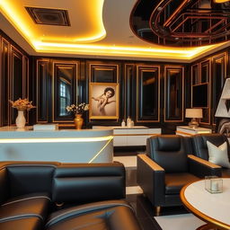 A luxurious car dealer's client saloon interior, designed with an elegant color palette of black, gold, and white