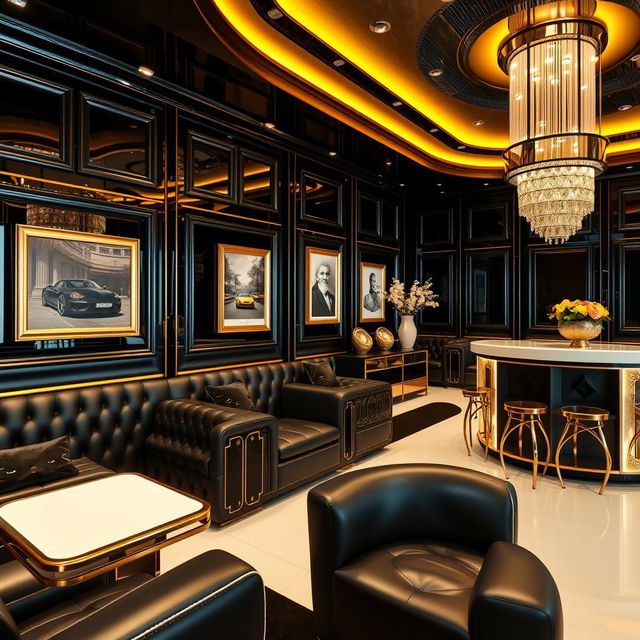 A luxurious car dealer's client saloon interior, designed with an elegant color palette of black, gold, and white