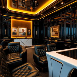 A luxurious car dealer's client saloon interior, designed with an elegant color palette of black, gold, and white