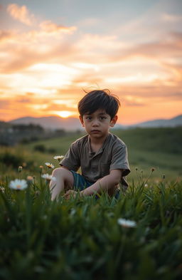 Anak yang Malang, a poignant scene captured in a lush green field at sunset, depicting a solitary young boy sitting on a grassy hill, his eyes reflecting deep sadness and longing