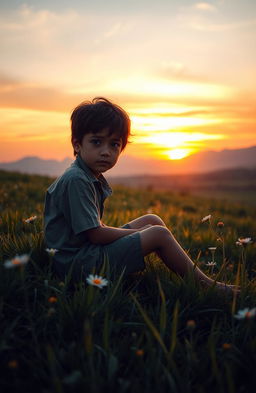 Anak yang Malang, a poignant scene captured in a lush green field at sunset, depicting a solitary young boy sitting on a grassy hill, his eyes reflecting deep sadness and longing