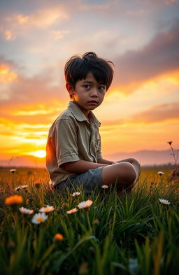 Anak yang Malang, a poignant scene captured in a lush green field at sunset, depicting a solitary young boy sitting on a grassy hill, his eyes reflecting deep sadness and longing