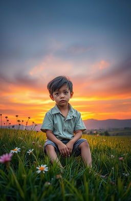 Anak yang Malang, a poignant scene captured in a lush green field at sunset, depicting a solitary young boy sitting on a grassy hill, his eyes reflecting deep sadness and longing