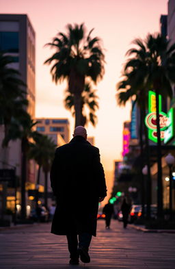 A bald man dressed in a long black coat, seen from behind, walking alone on a lively street in Los Angeles