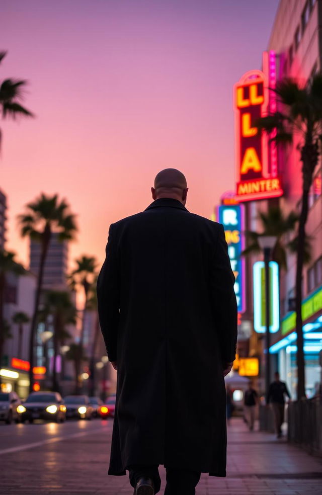 A bald man dressed in a long black coat, seen from behind, walking alone on a lively street in Los Angeles