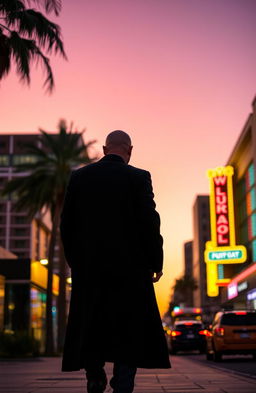 A bald man dressed in a long black coat, seen from behind, walking alone on a lively street in Los Angeles