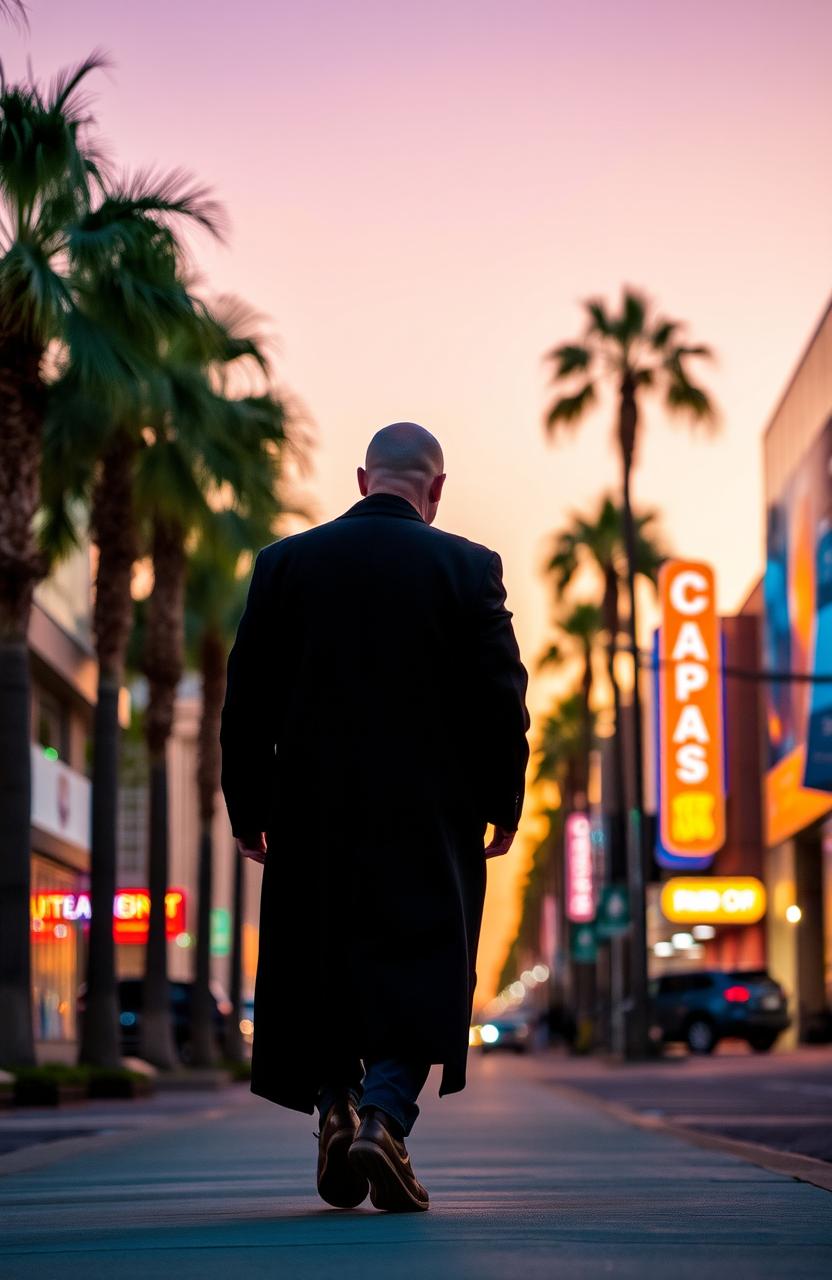 A bald man dressed in a long black coat, seen from behind, walking alone on a lively street in Los Angeles